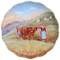 Large 19th Century French Hand-Painted and Gilt Porcelain Wall Platter with Cows 1