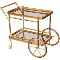 Mid-20th Century French Brass Two-Tier Cart with Tinted Glass and Bottles Holder