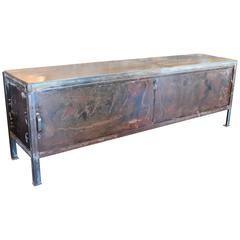 Vintage French Artisan's Metal Work Cabinet with Re-Claimed Wood Top
