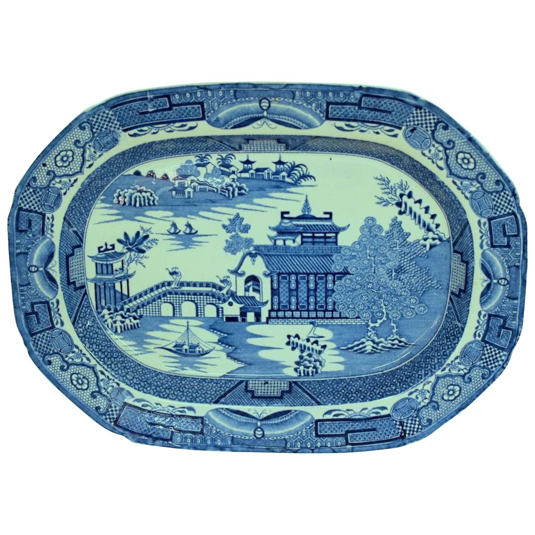 Antique English George III Leeds Pottery Ironstone "Long Bridge/Willow" Platter