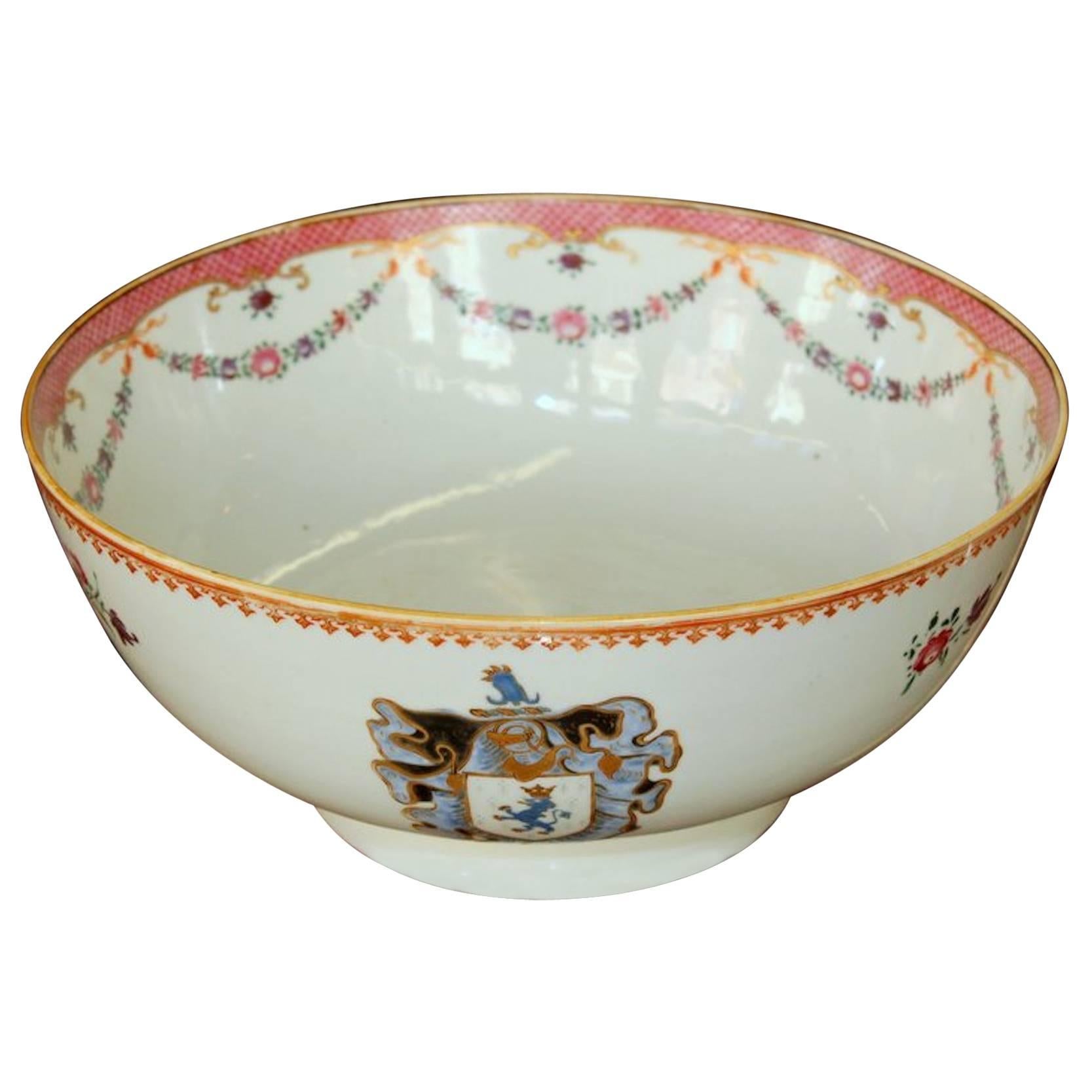 Antique Chinese Export Hand-Painted Porcelain "Famille Rose" Armorial Round Bowl