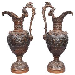 Pair of Antique French Bronze Amphora Urn Jugs Cherub Urns, 1890