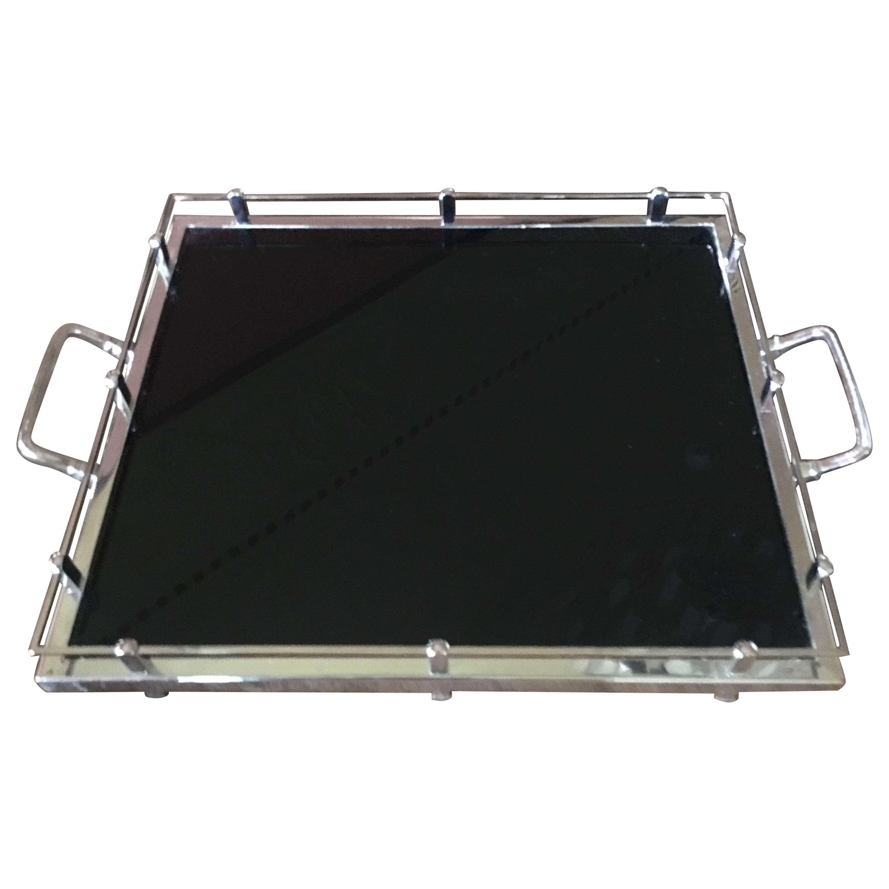 Modern Black Glass and Silver Plate Tray with Gallery
