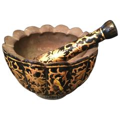 Vintage Ceremonial Gold and Carved Wood Mortar and Pestle