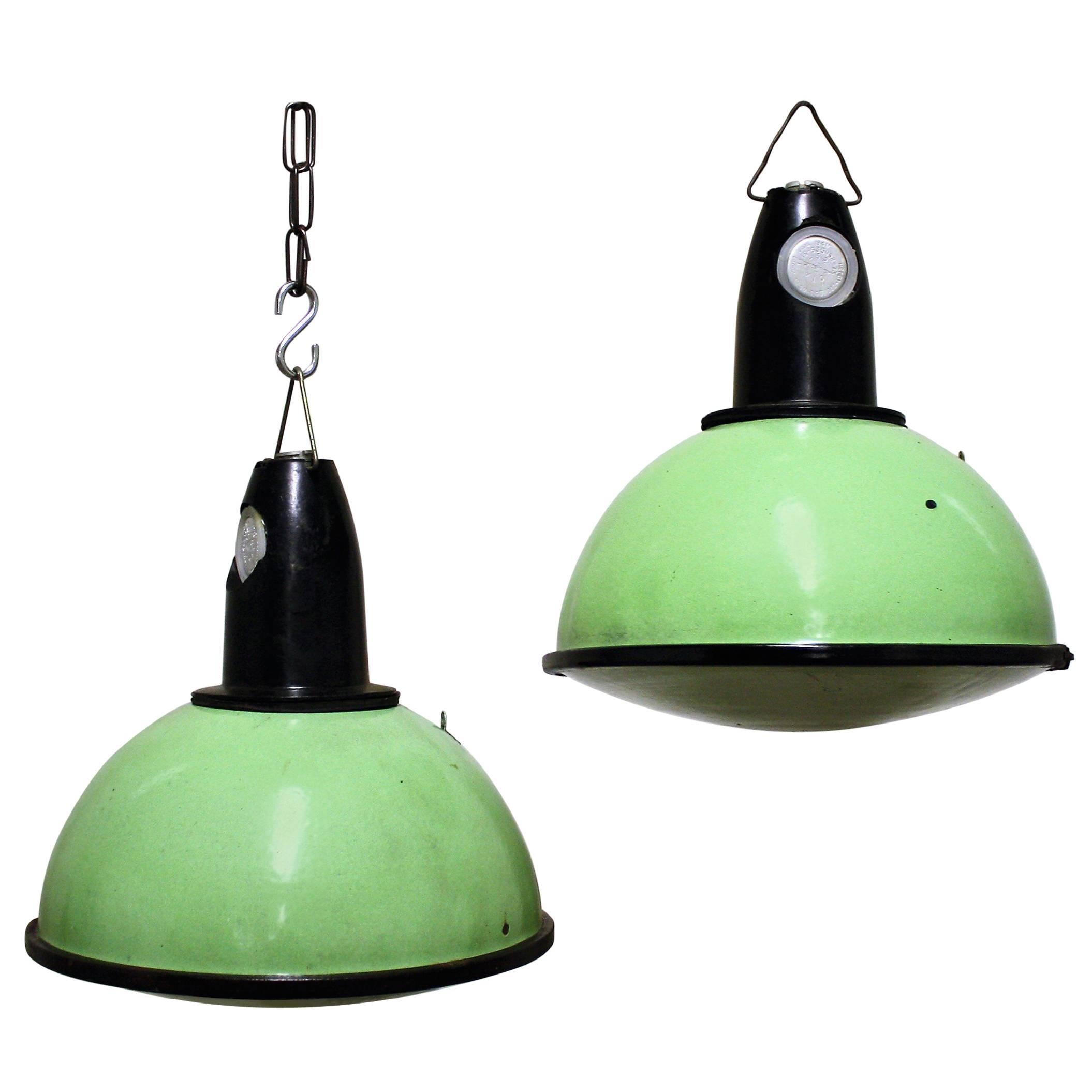 Green Industrial Pendant Lights with Glass, 1960s For Sale