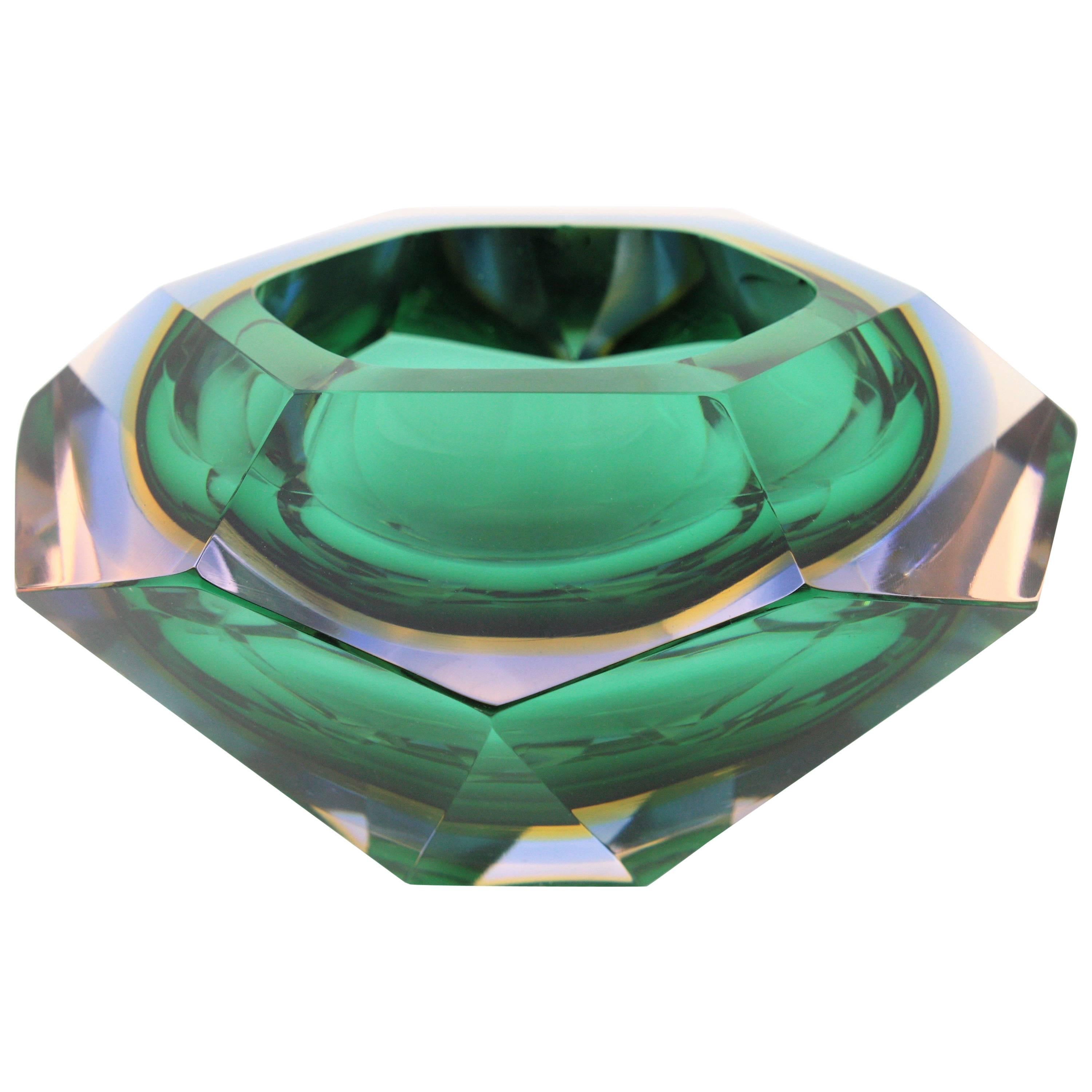 Giant Flavio Poli Green, Blue, Yellow Diamond Shaped Faceted Murano Glass Bowl