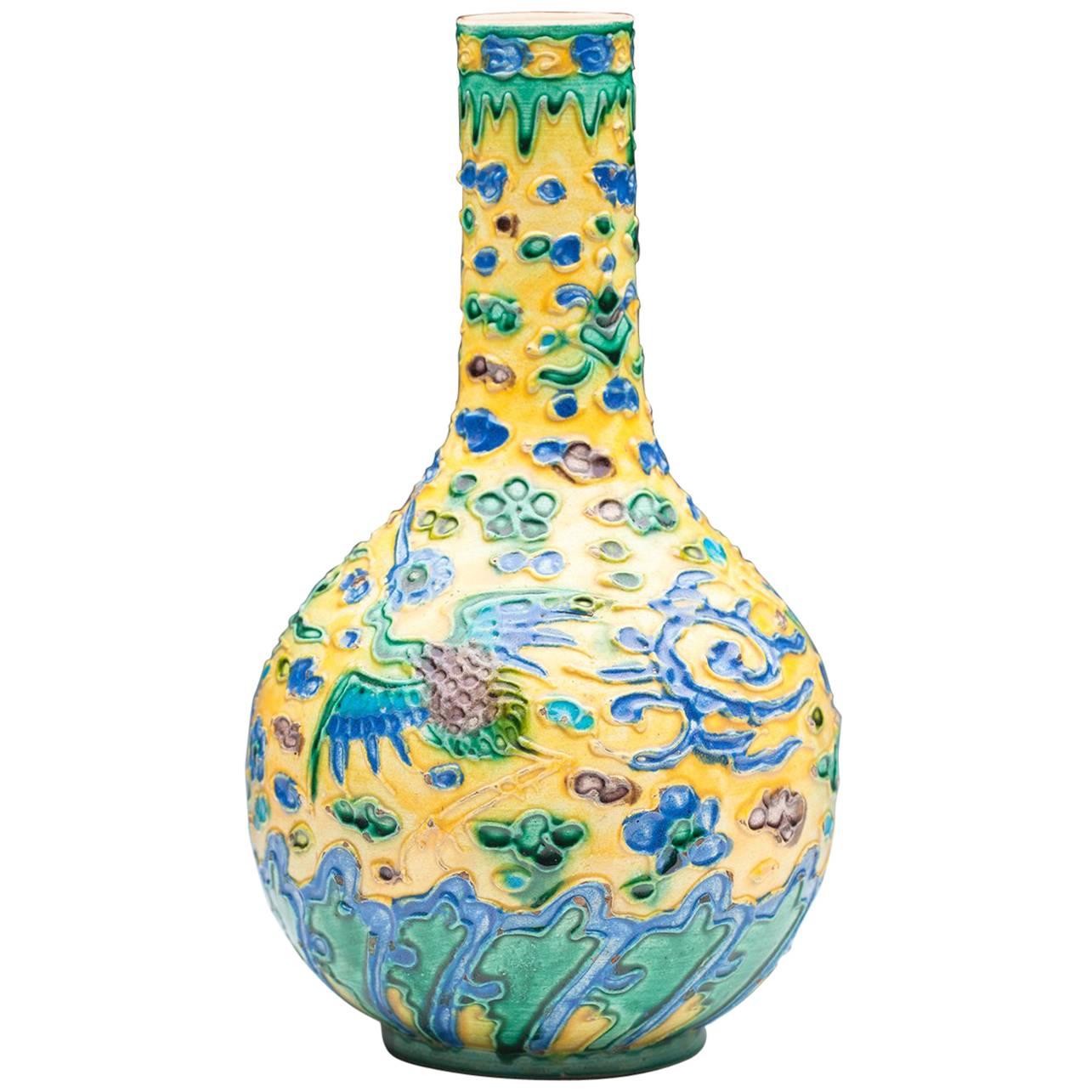 Antique Chinese Biscuit Yellow Ground Vase with Ho-Ho Birds, 19th Century