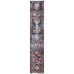 Long Antique Heriz Runner with Geometric Medallions in Brown, Blue, Pink 
Taupe