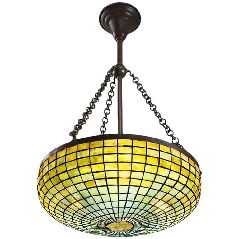 Tiffany Studios New York Geometric Gl And Bronze Chandelier At Tiffany Studios New York Geometric Gl And Bronze Chandelier