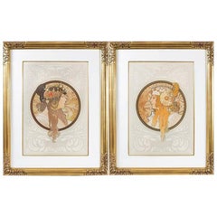 Antique Alphonse Mucha Pair of "Byzantine Heads" Lithographs 