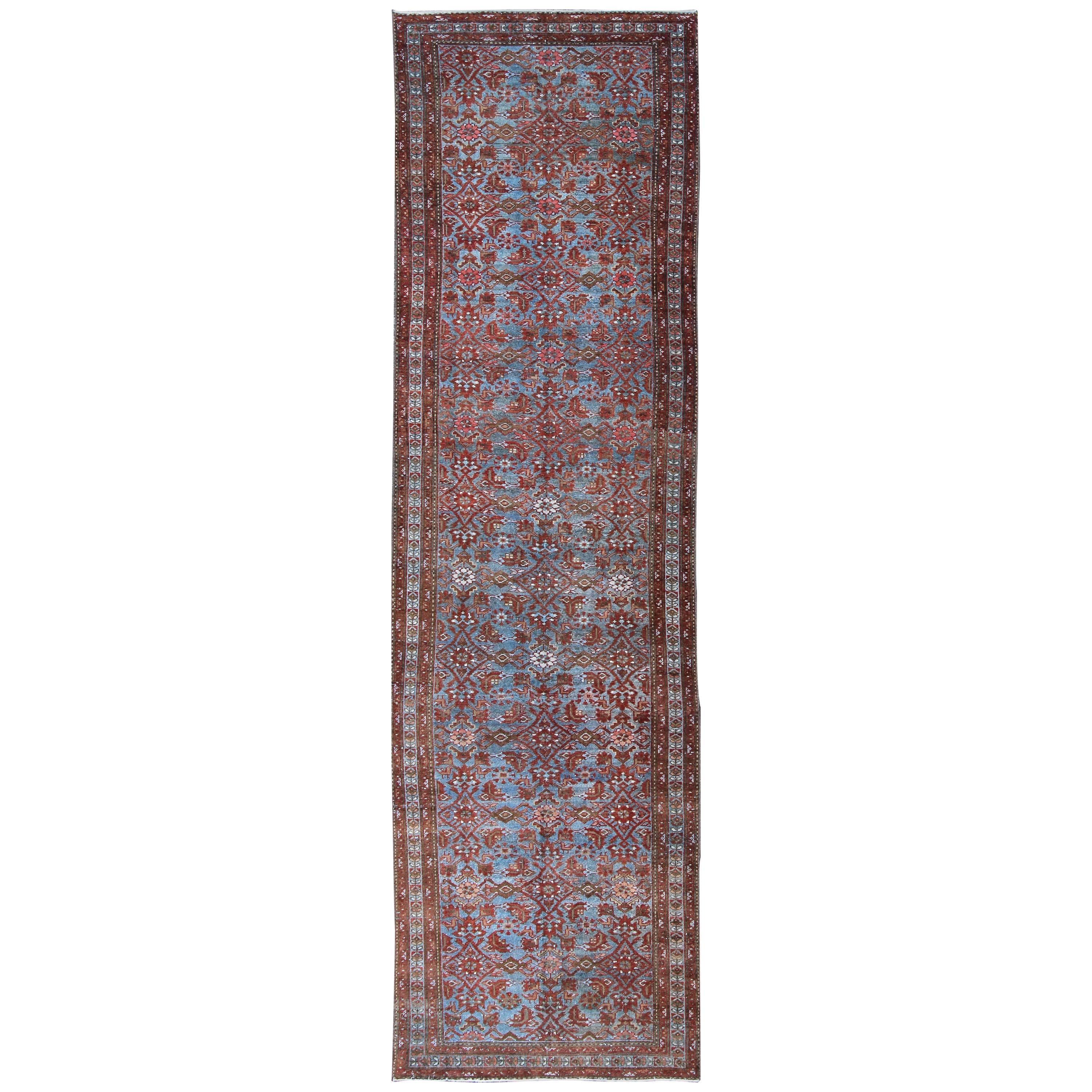 Persian Malayer Runner with Sub-Geometric Design in Blue, Red and Taupe For Sale