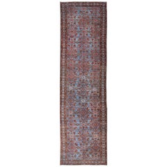 Vintage Persian Malayer Runner with Sub-Geometric Design in Blue, Red and Taupe