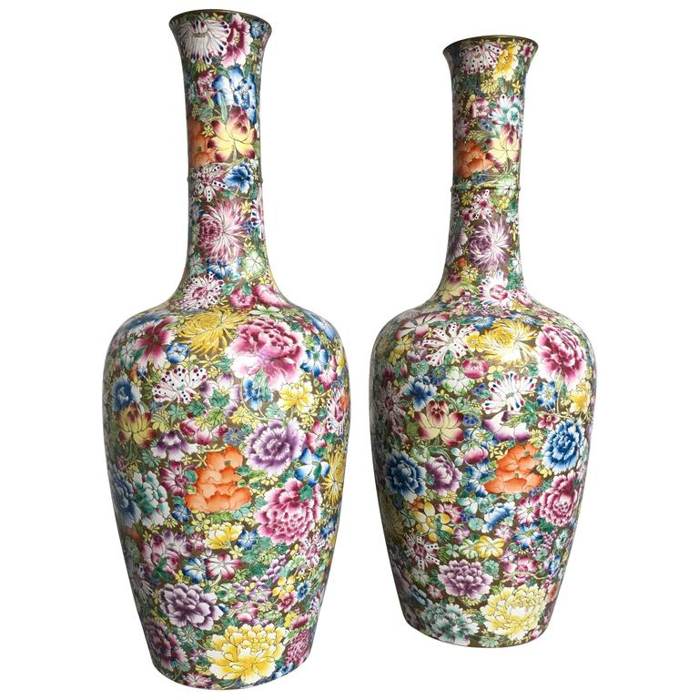 Pair of Chinese Republic Period Gilt Ground Millefleurs Tall Vases For