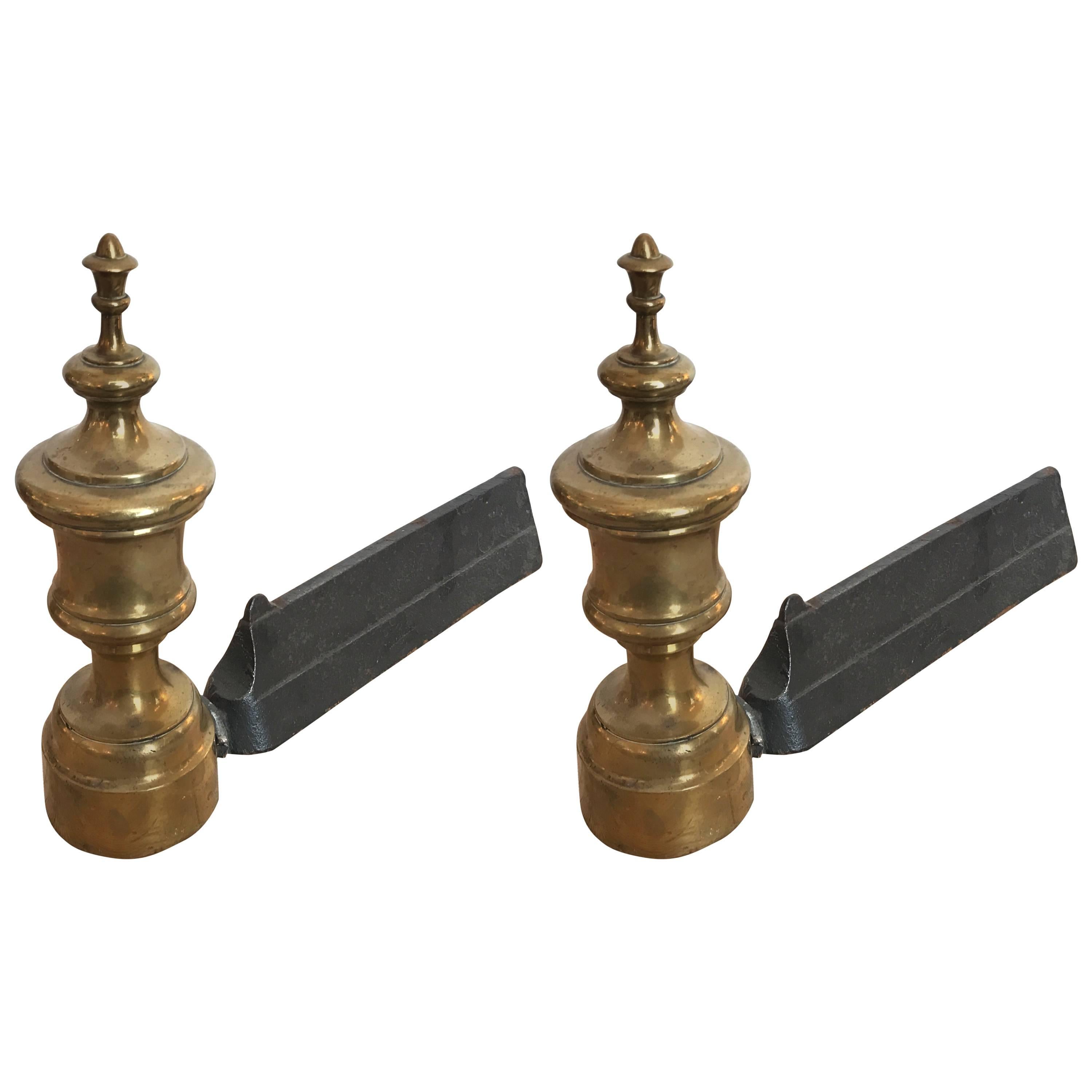 Pair of 19th Century Urn Shaped Brass Andirons For Sale