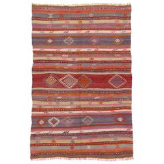 Turkish Tribal Kilim with Boho Chic Style in Pink, Red and Purple Stripes