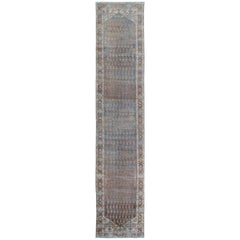 Long Persian Malayer Runner with Paisley and Botanical Motifs in Blue and Green