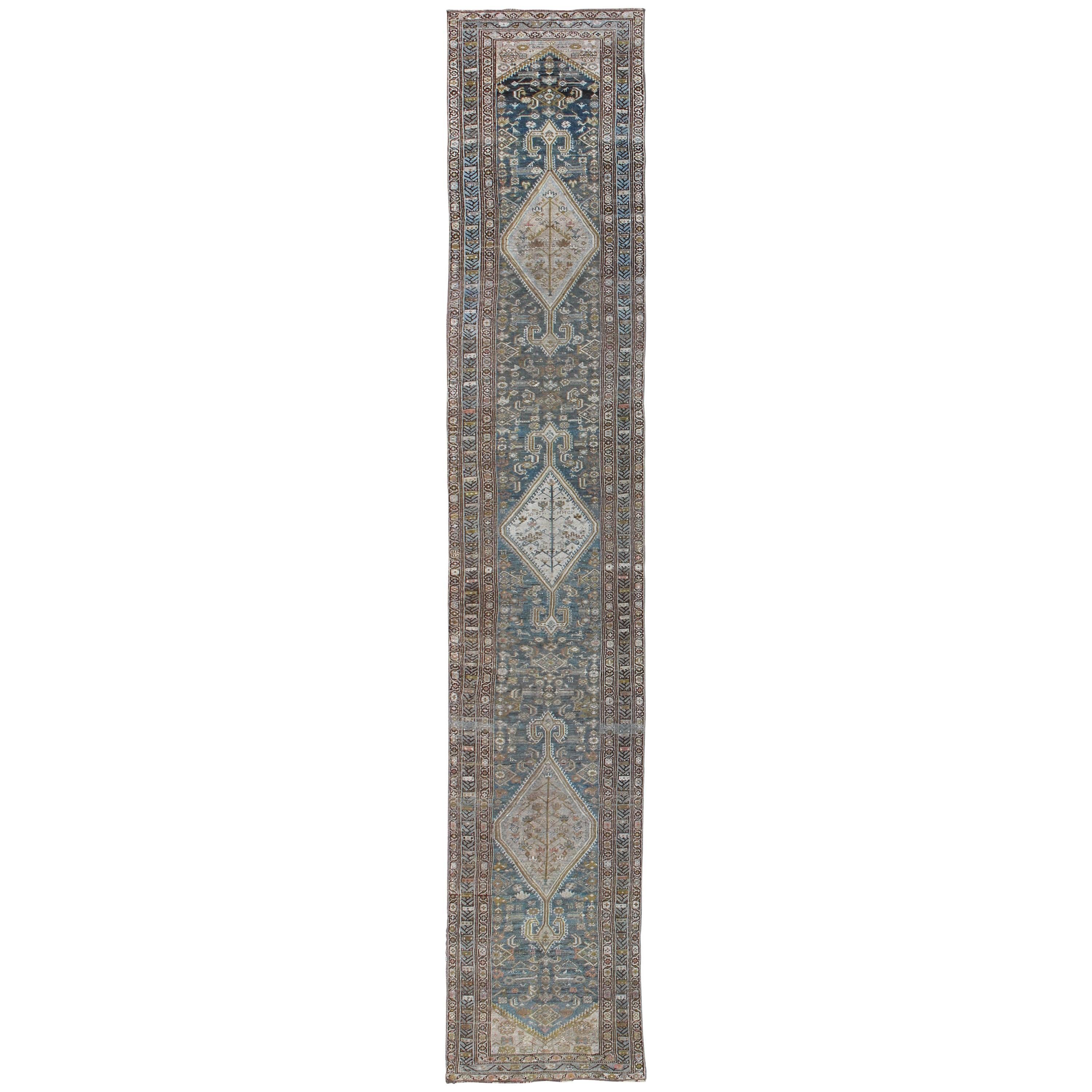 Long Persian Malayer Runner with Free-Flowing Geometric Pattern and Blue Field For Sale