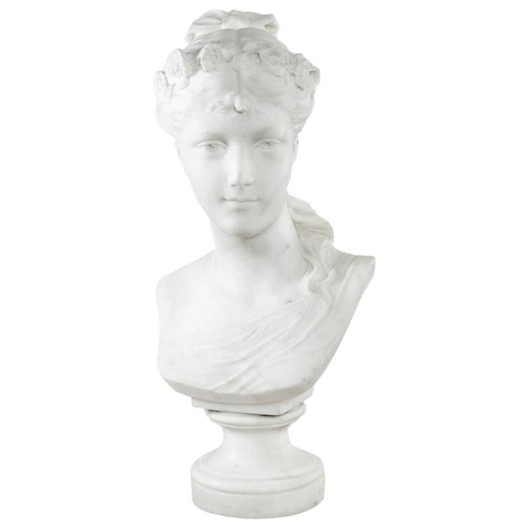 Late 19th Century French Marble Bust or Sculpture of a Young Woman, Signed
