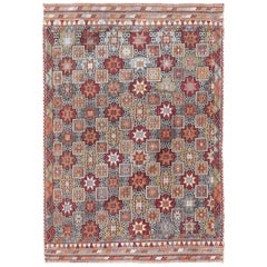 Turkish Retro Embroidered Kilim Rug With Tribal Star Shapes in Colorful tones