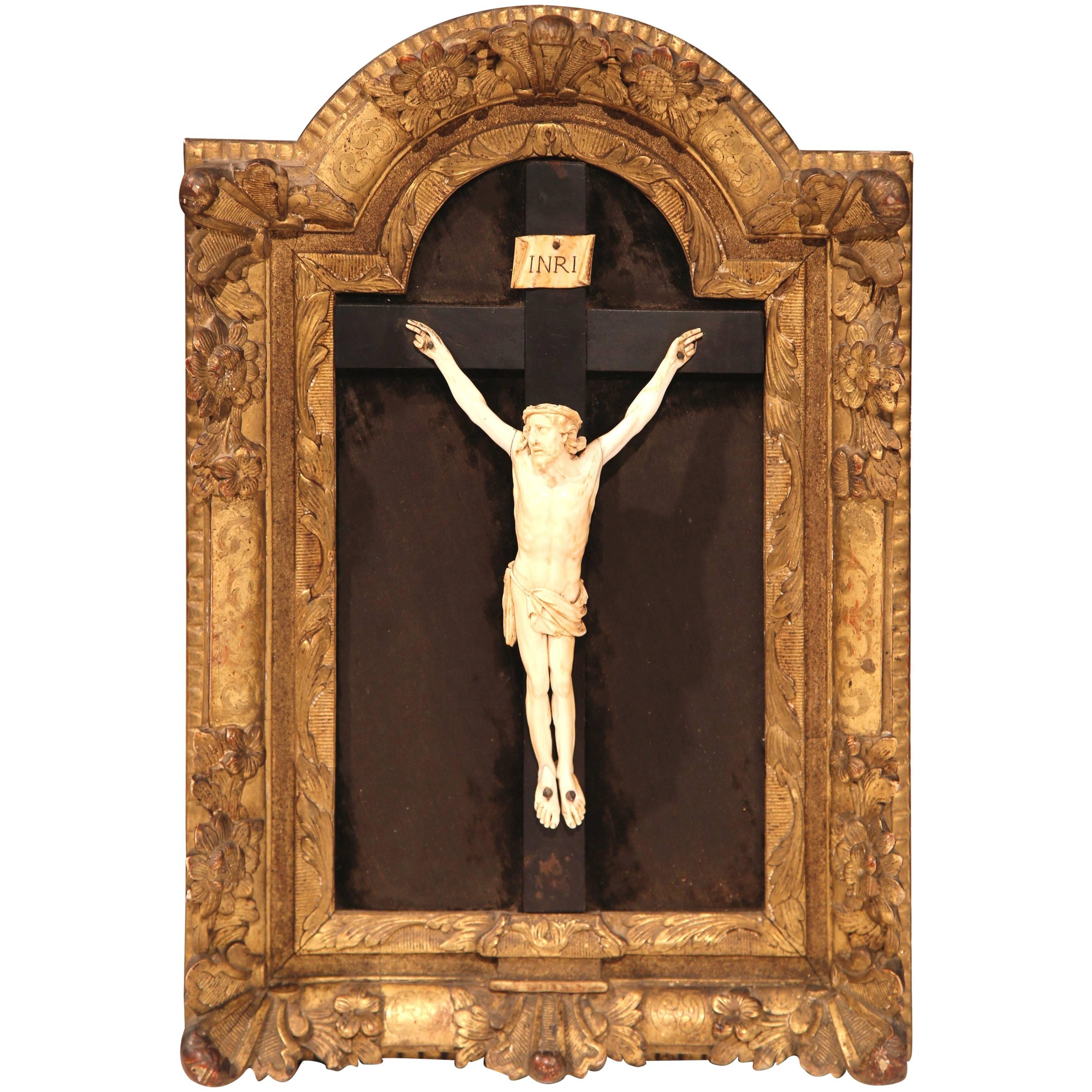 18th Century French Ivory Crucifix in Carved and Arched Gilt Frame