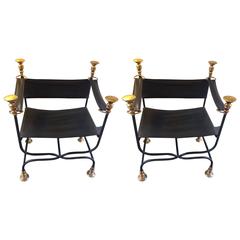 Pair of Very Handsome Leather, Iron and Brass Savaranola Chairs 1