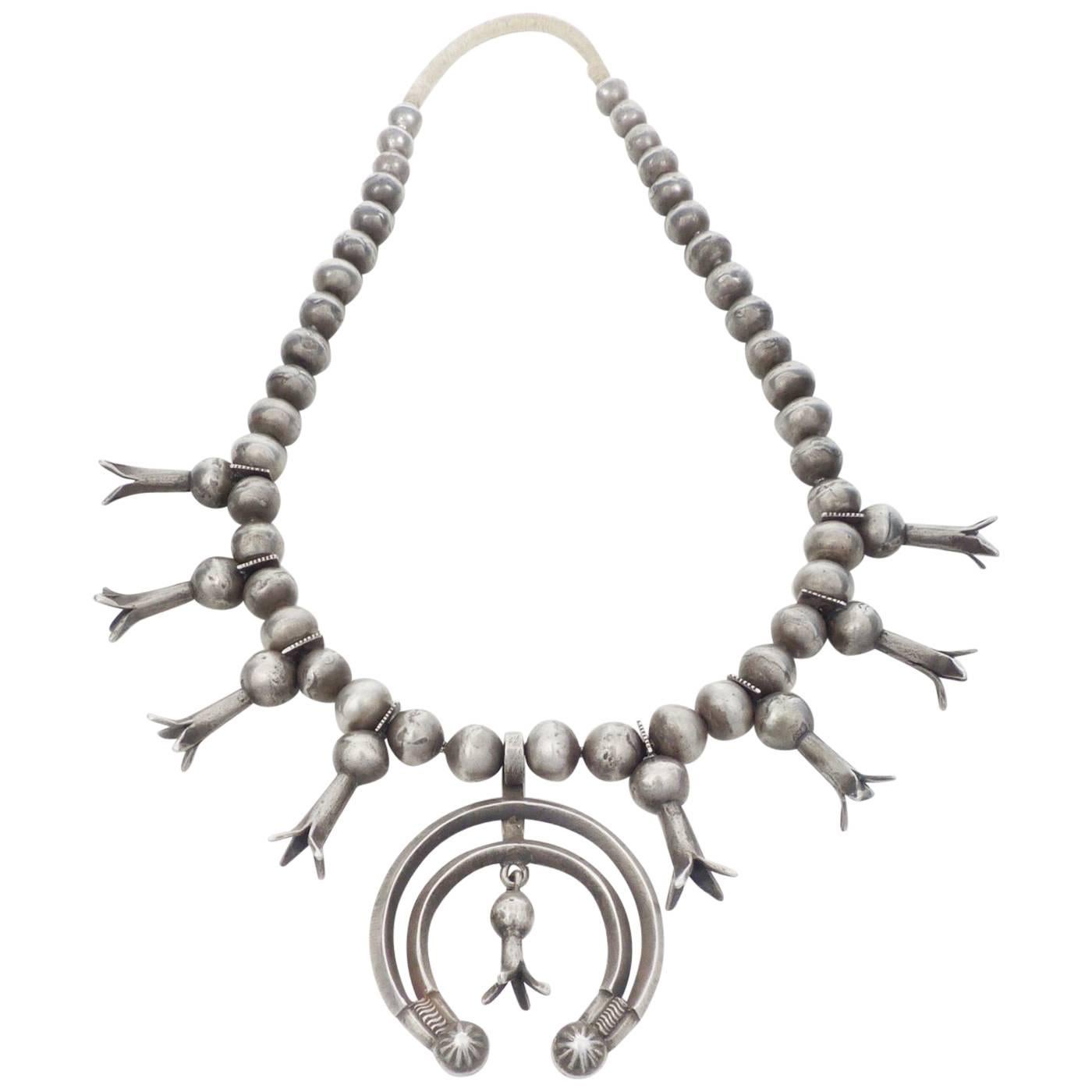 Navajo Silver Squash Blossom Necklace, circa 1910 For Sale