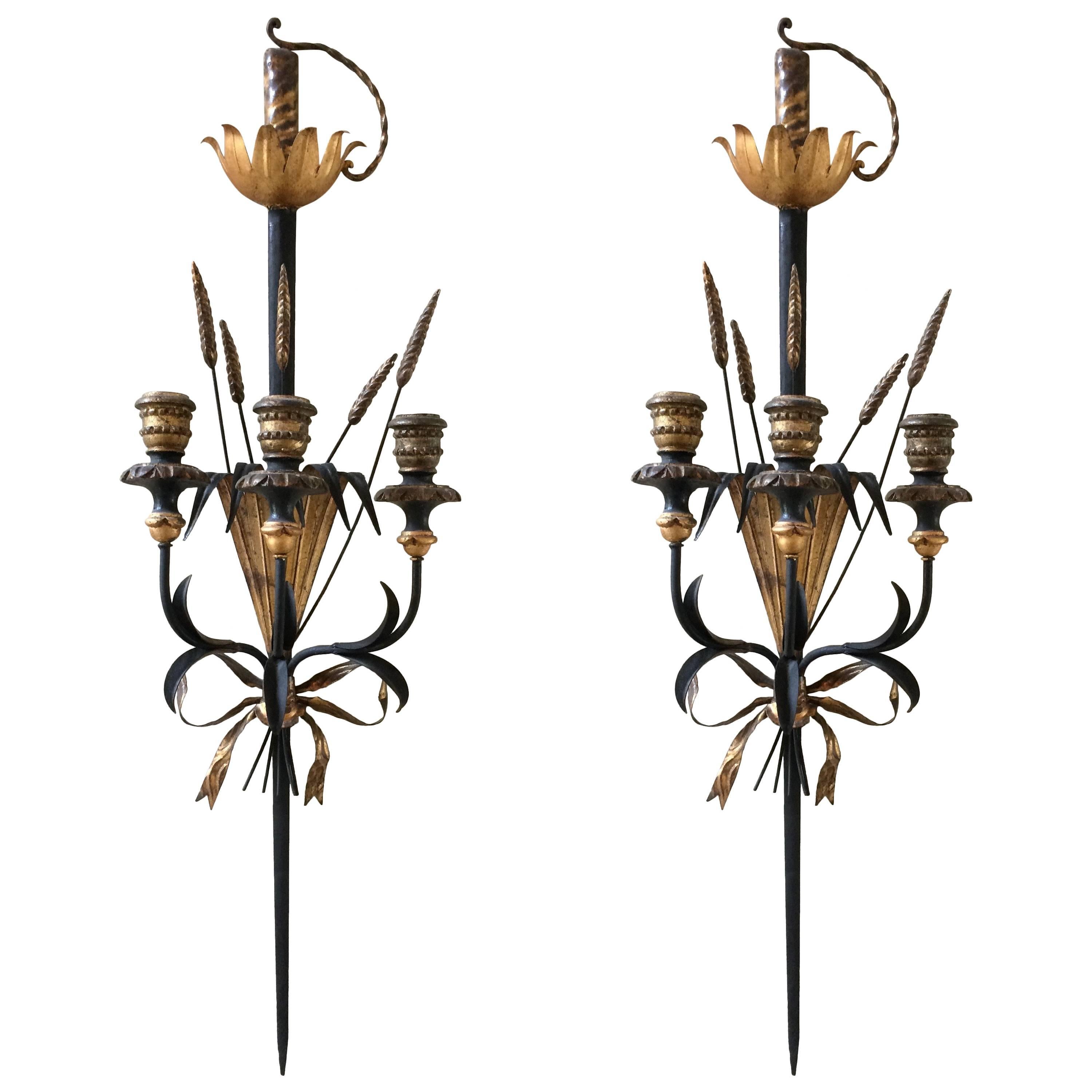 Pair of Romantic Sword and Wheat Motif Black and Gold Sconces