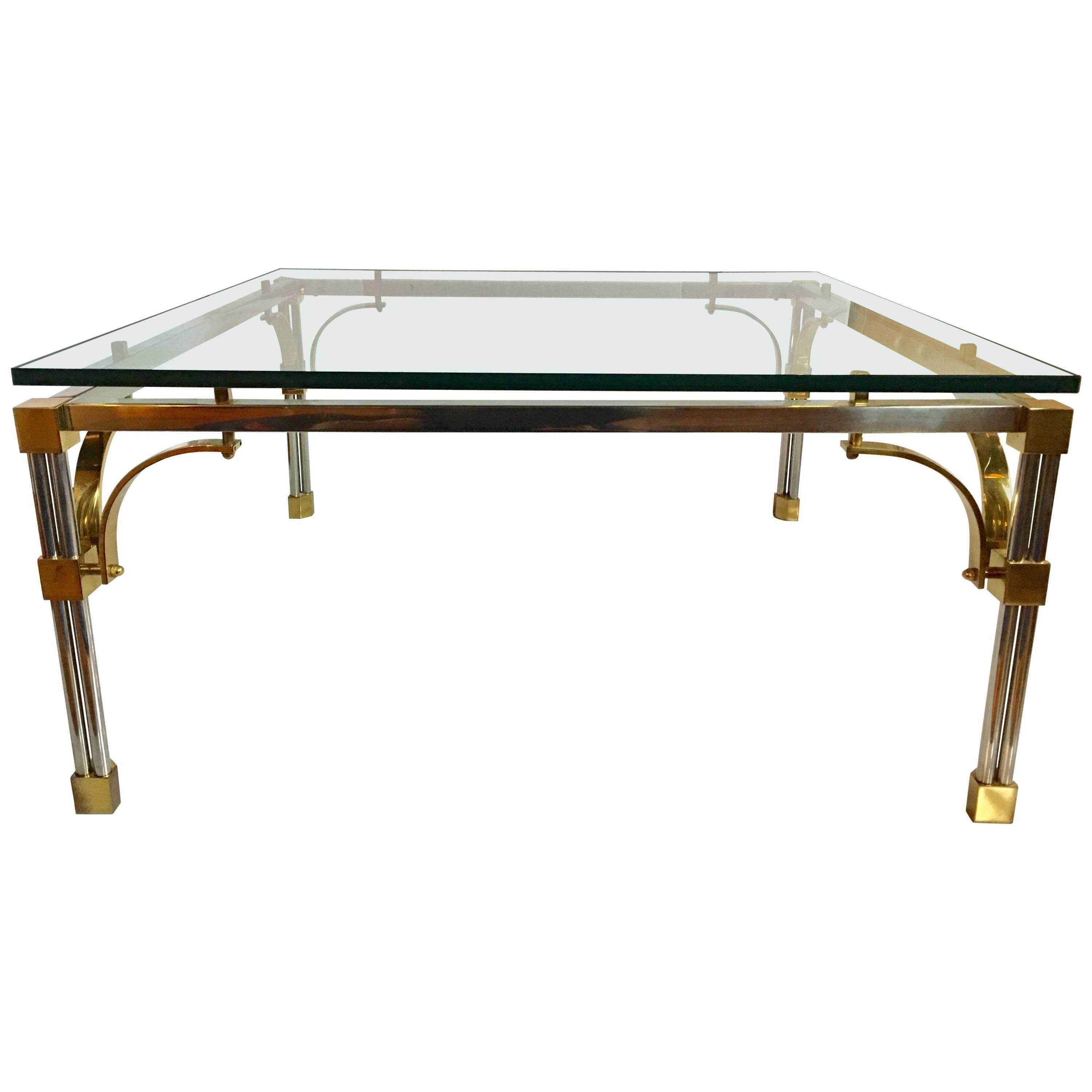 John Vesey Style Modern Mixed Brass & Chrome Metal Square Cocktail Table For Sale