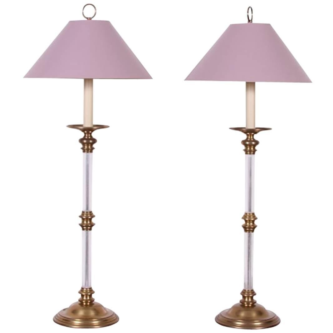 Pair of Glass and Brass Column Lamps