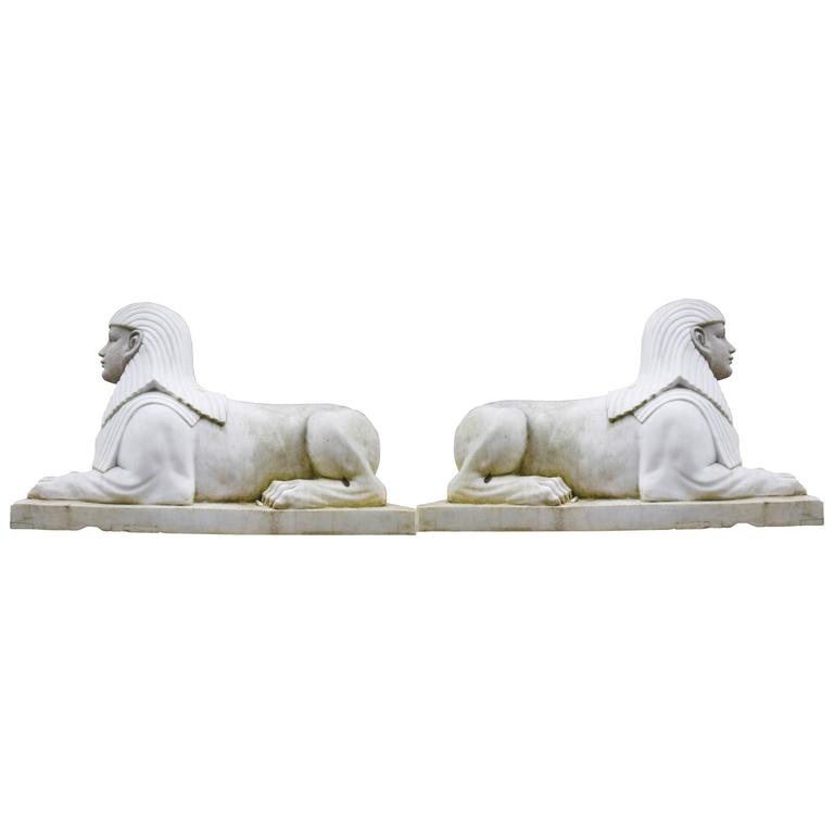 Pair of Large Stone Sphinxes Egyptian Sphinx Garden Statue For Sale at