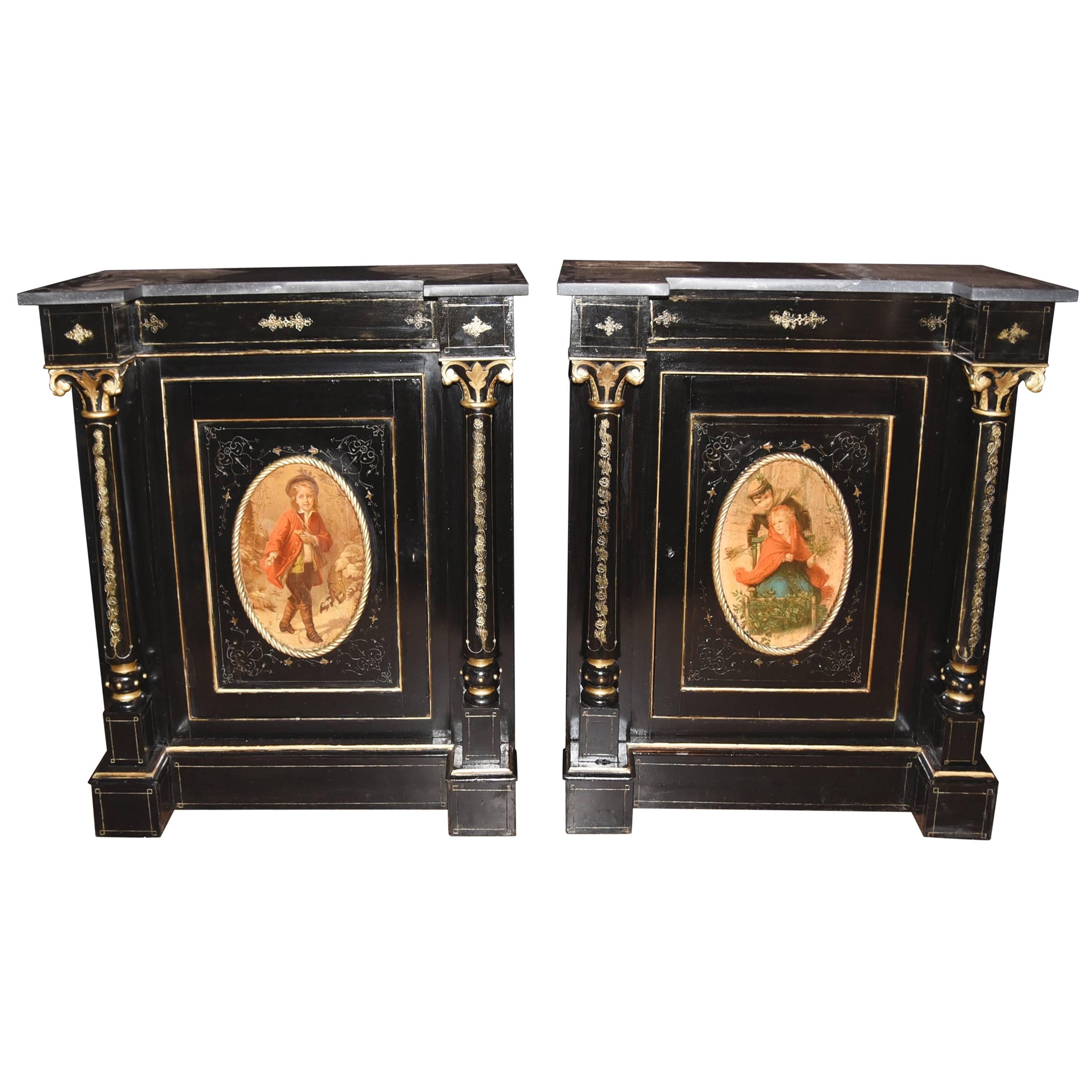 Pair of Antique French Ebonized Cabinets Painted Plaques Credenza Sideboard For Sale