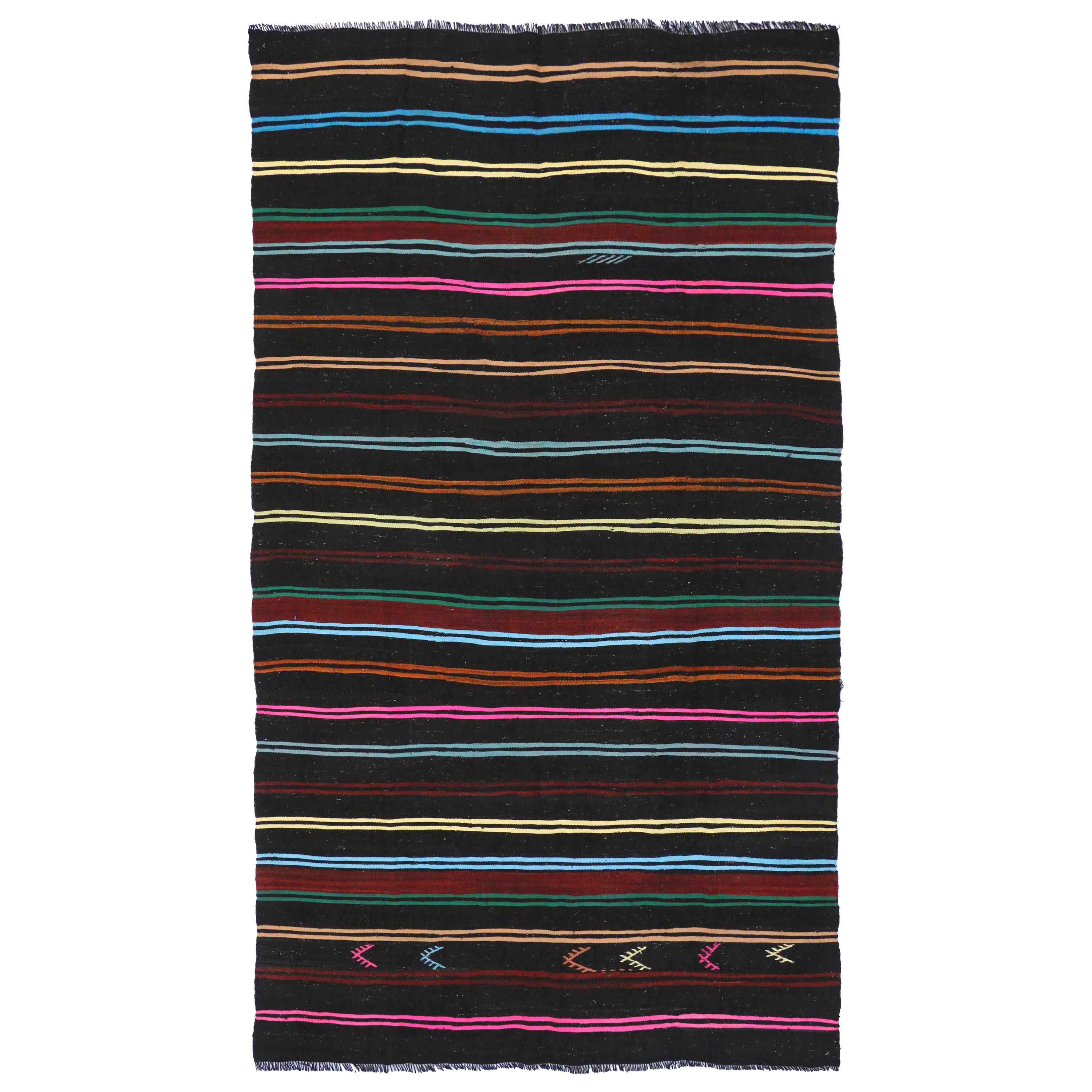 Tapis Kilim turc vintage à rayures de style tribal, tissé à plat, tapis de zone Kilim