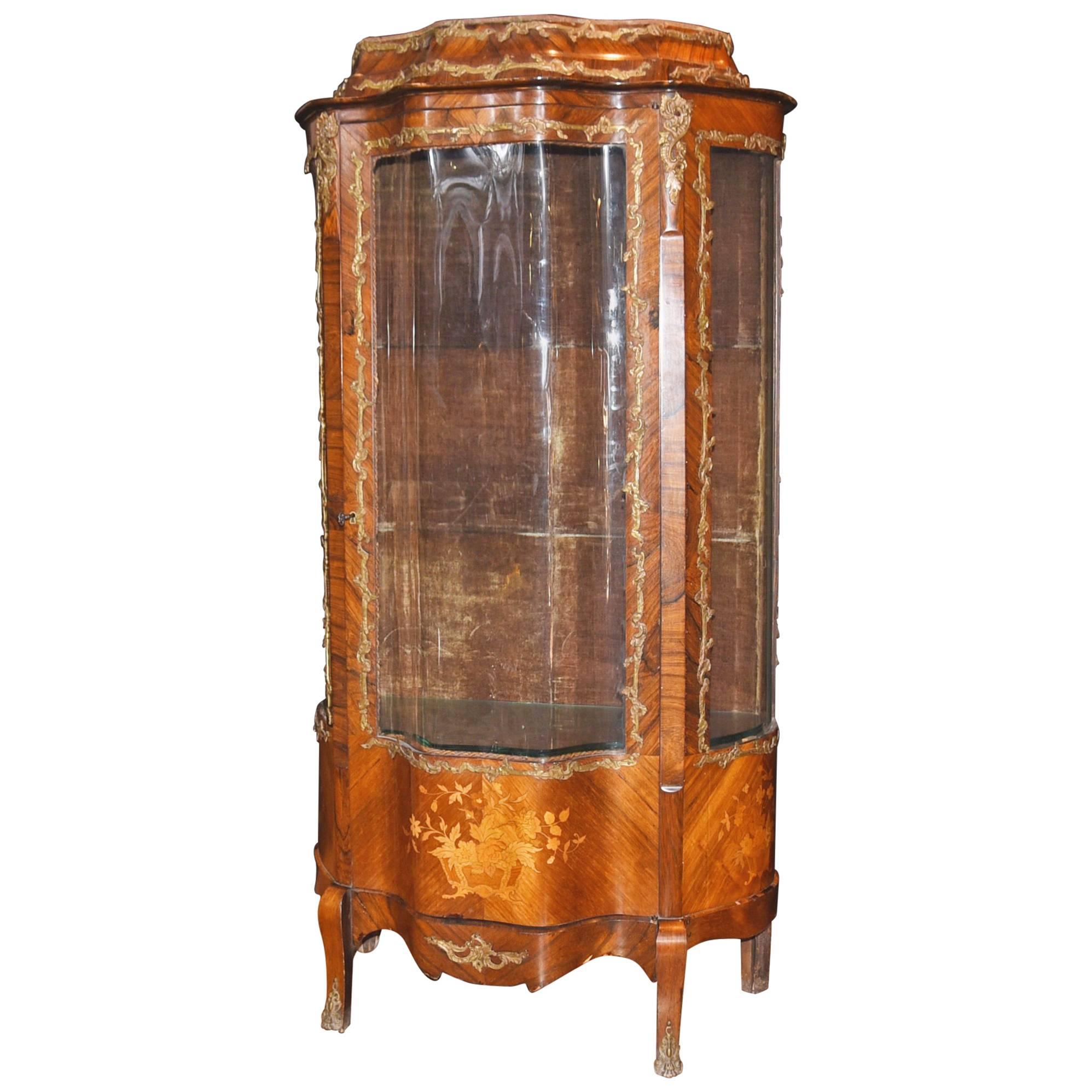 French Empire Antique Display Curio Cabinet Bijouterie Kingwood Inlay For Sale