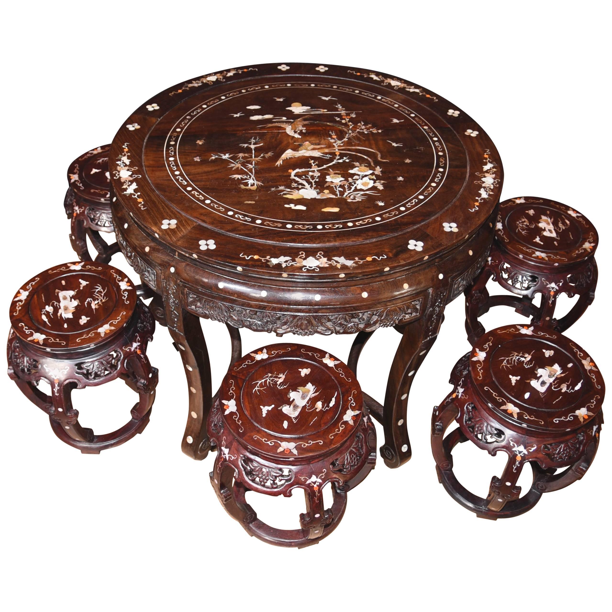 Antique Chinese Hardwood Table Stool Dining Set Mother-of-Pearl Inlay, 1920 For Sale