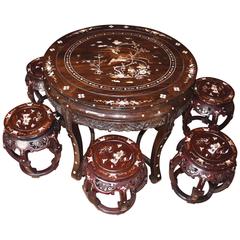 Antique Chinese Hardwood Table Stool Dining Set Mother-of-Pearl Inlay, 1920