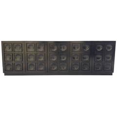 Large Graphical Black Stained Oak Brutalist Credenza Cabinet 4