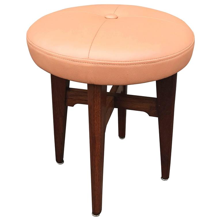 Mid Century Modern Peach Leather And Walnut Vanity Stool At 1stdibs Mid Century Modern Peach Leather And Walnut Vanity Stool For