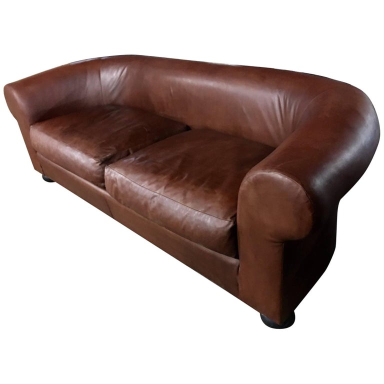 Large Ralph Lauren Brown Leather Modern Chesterfield Sofa With Rolled Arms