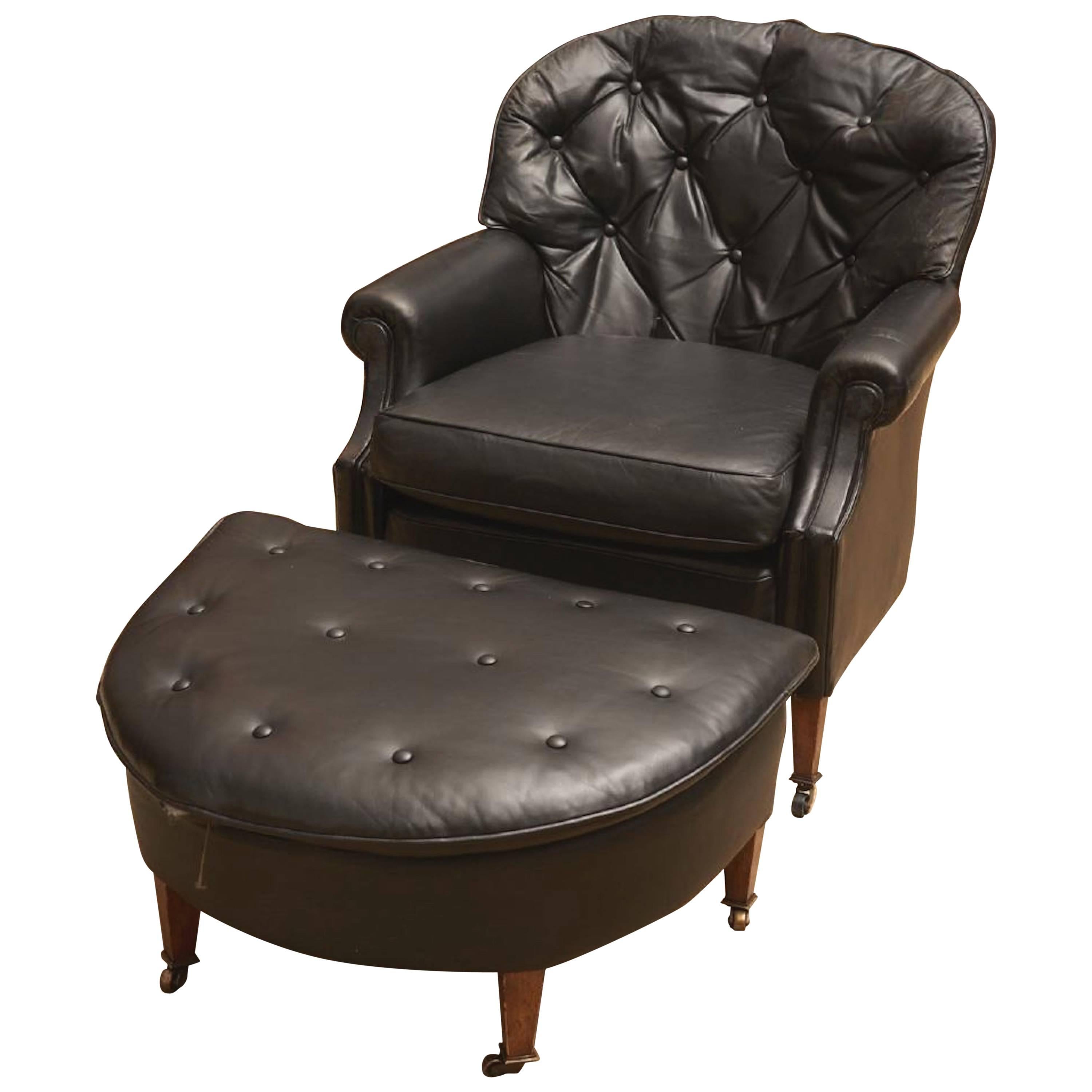 Black Leather Chesterfield Club Chair and Ottoman For Sale