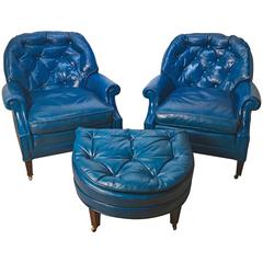 Chesterfield Style Blue Leather Club Chair Suite