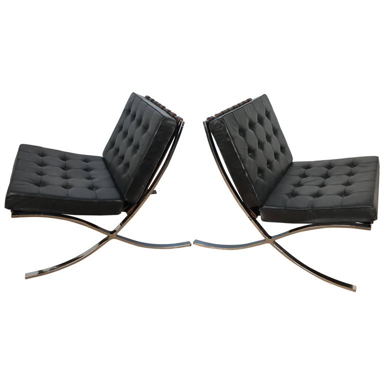 Pair of Original Black Leather Knoll and Mies Van Der Rohe Barcelona