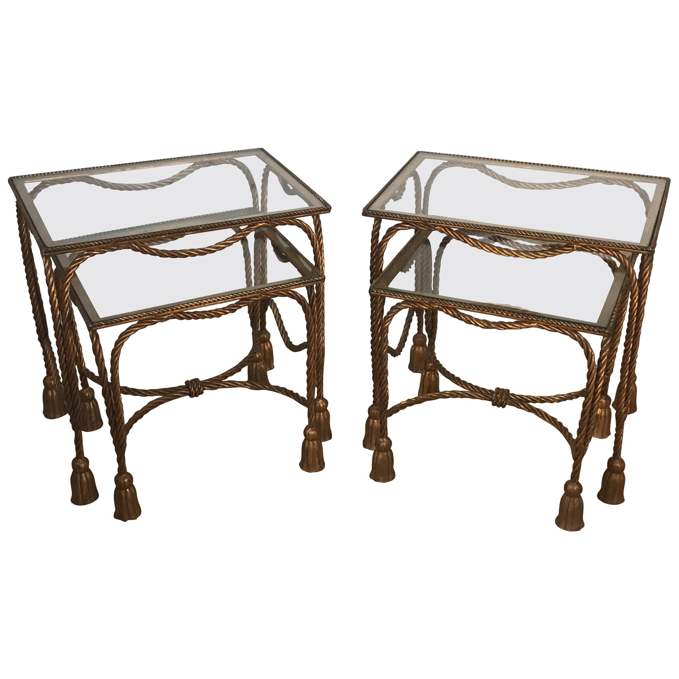 Two Pairs of Hollywood Regency Gilt Metal Rope Nesting Tables