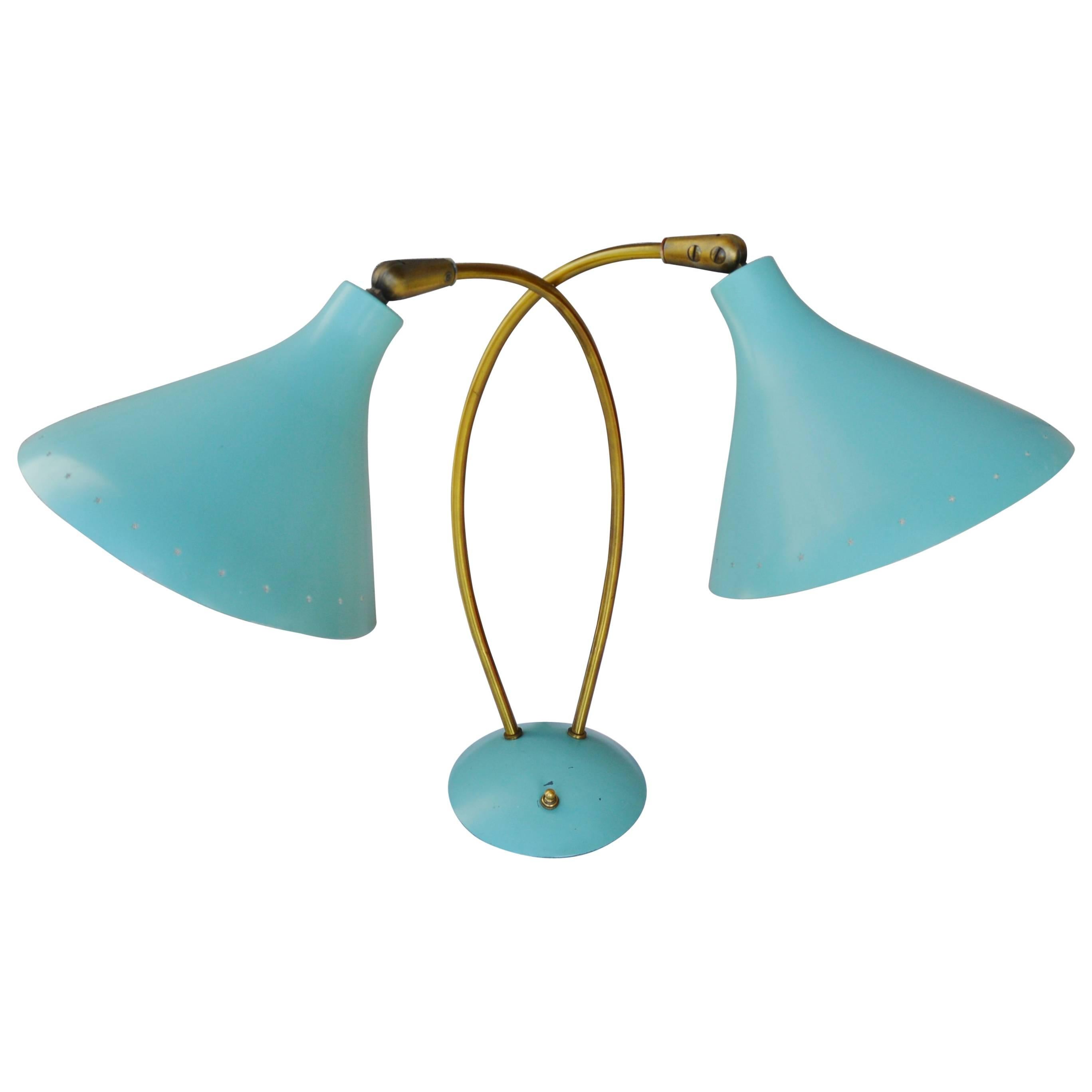 Italian Double Sky Blue and Brass Metal Lamp in the Style of Stilnovo For Sale
