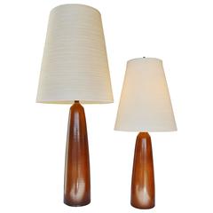 Pair of Lotte & Gunnar Bostlund Ceramic Lamps with Original Shades and Finials