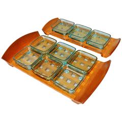 Jens Quistgaard Curved Teak Tray Set with Colored Glass Containers