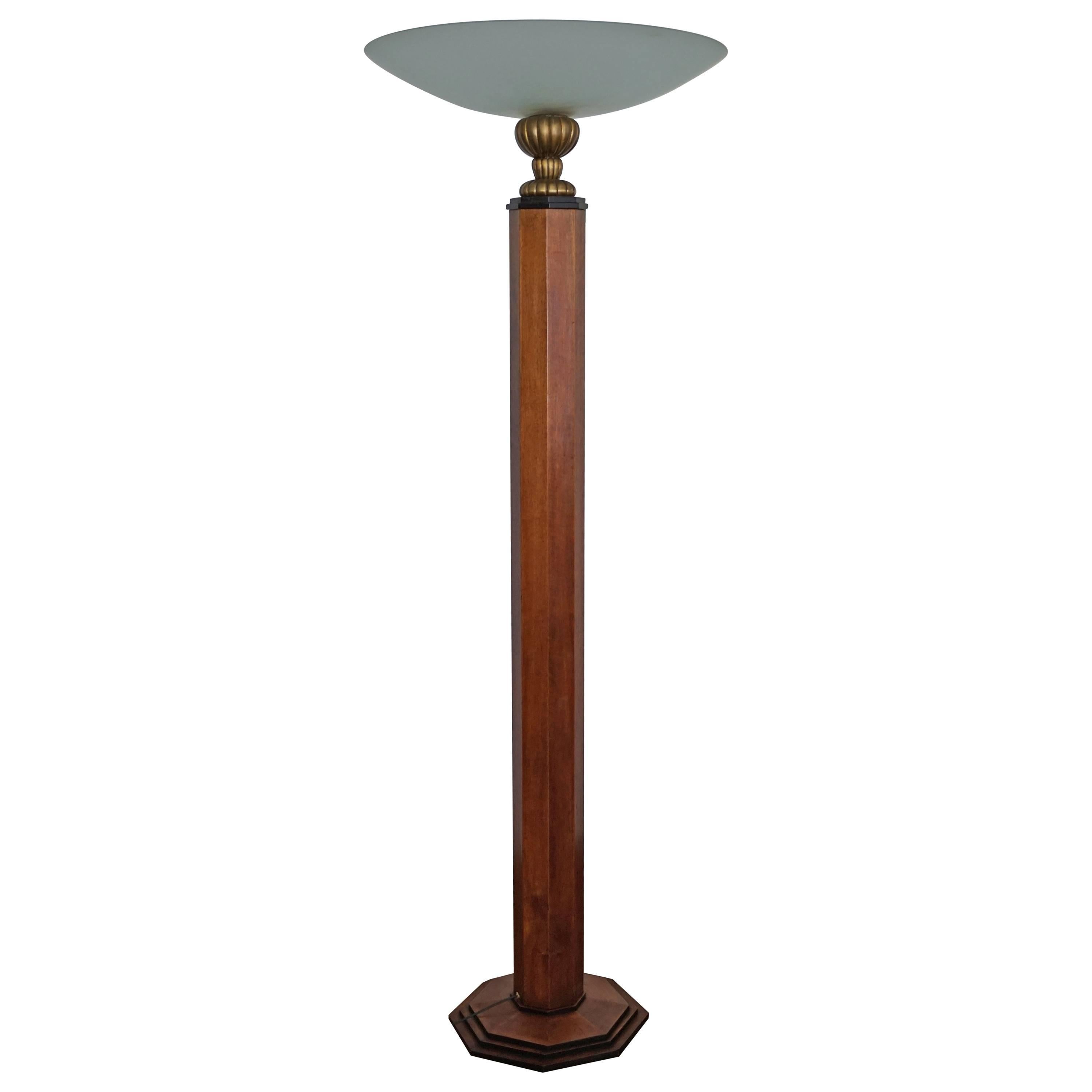 Rare and Beautiful Mahogany Art Deco Octagonal Floor Lamp with Glass Shade 1930s