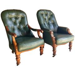 Antique Leather Armchairs Pair Library Chairs Victorian Mahogany Button Back