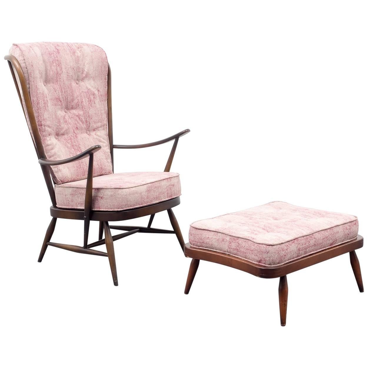 1950s Armchair and Ottoman, L. Ercolani for Ercol, New Upholstery For Sale