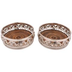 Pair of 20th Century Silver Plated and Walnut Wine Bottle Coasters