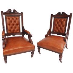 Antique Pair of 19th Century Ladies and Gents Leather Armchairs